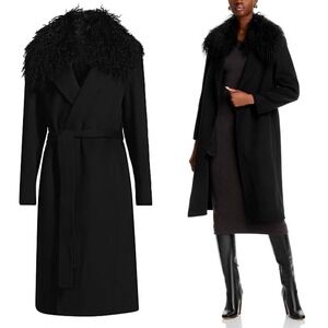 NWT Kobi Halperin Shirley Shearling Collar Wool Coat in Black $1,198 Size Medium